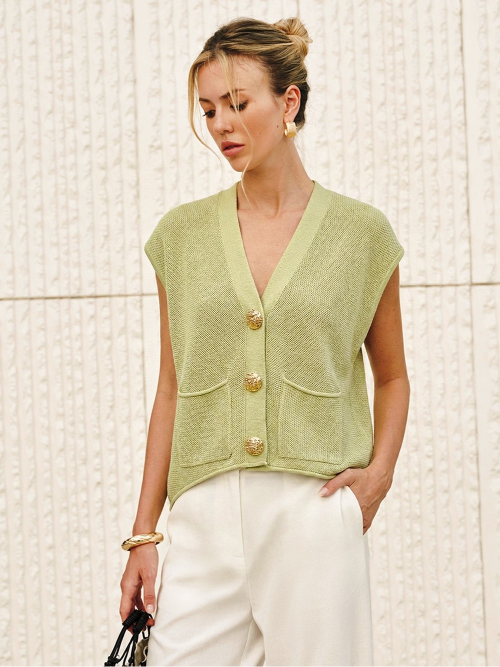 Commense Embossed Button Sleeveless Knit Vest Green Size Medium